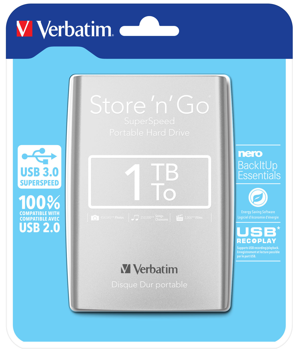 Verbatim Store &#39;n&#39; Go USB 3.0 Portable Hard Drive in Silver - 1 TB