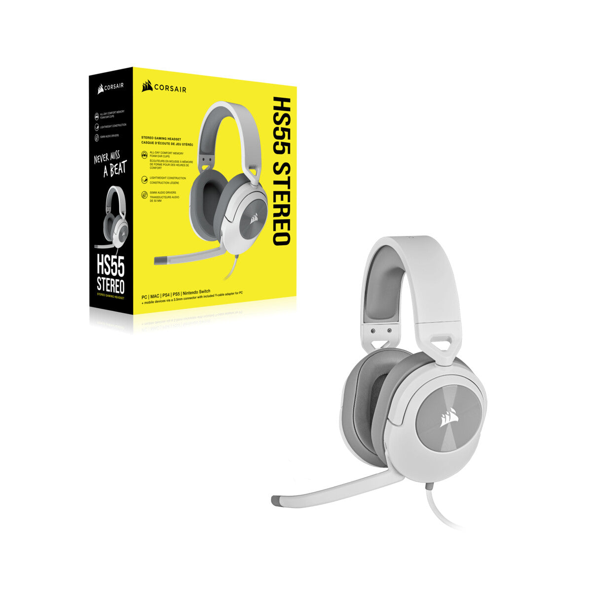 Corsair HS55 STEREO - 3.5mm Wired Gaming Headset in White