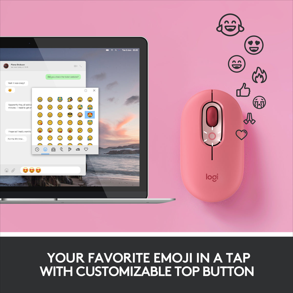 Logitech POP Mouse with emoji in Pink