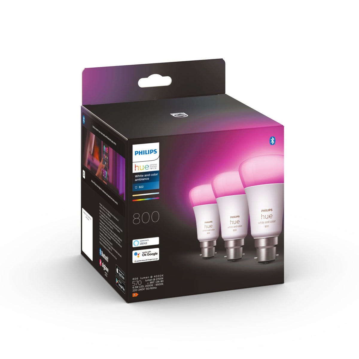 Philips Hue Smart Wi-Fi Lightbulb - Multicolour - B22 (Pack of 3)