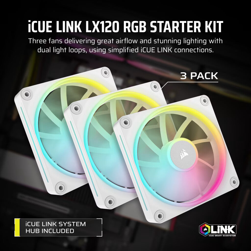 Corsair iCUE LINK LX120 RGB - Computer Case Fan in White - 120mm (Pack of 3)