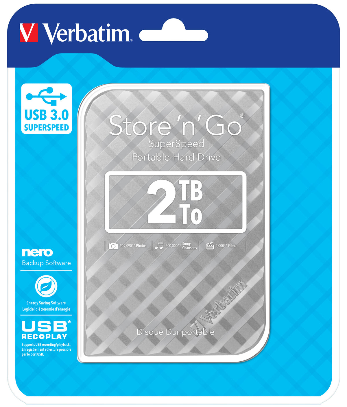 Verbatim Store &#39;n&#39; Go USB 3.0 Hard Drive in Silver - 2 TB