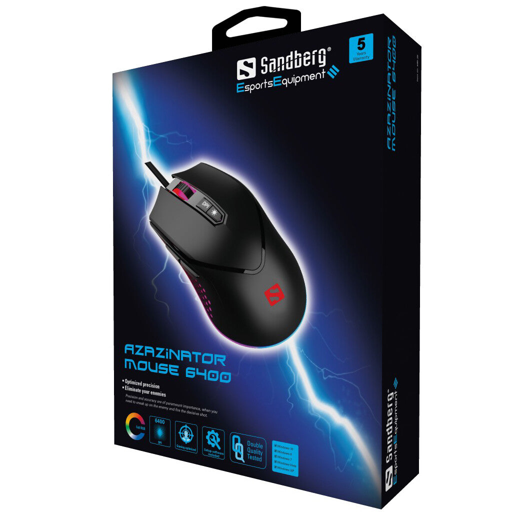 Sandberg Azazinator - USB Wired Gaming Mouse in Black - 6,400 DPI