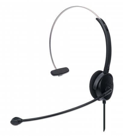 Manhattan Mono On-Ear Headset (USB) (Clearance Pricing), Microphone Boom (padded), Retail Box Packaging, Adjustable Headband, In-Line Volume Control, Ear Cushion, USB-A for both sound and mic use, cable 1.5m, Three Year Warranty