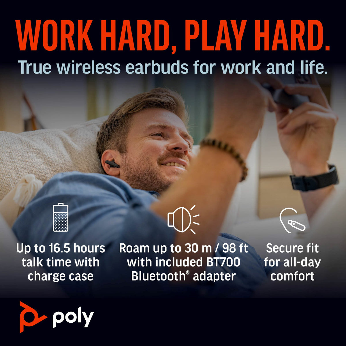 POLY Voyager Free 60+ UC - True Wireless Stereo (TWS) Earbuds in Carbon Black + BT700 USB-A Adapter + Touchscreen Charge Case