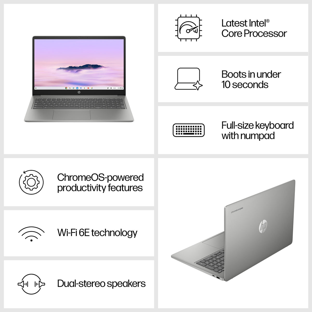 HP Chromebook Plus - 39.6 cm (15.6&quot;) - Intel® Core™ i3-N305 - 8 GB LPDDR5-SDRAM - 256 GB Flash - Wi-Fi 6 - ChromeOS - Silver